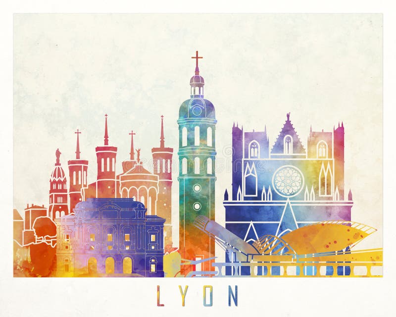 De affiche van de de oriëntatiepuntenwaterverf van Lyon