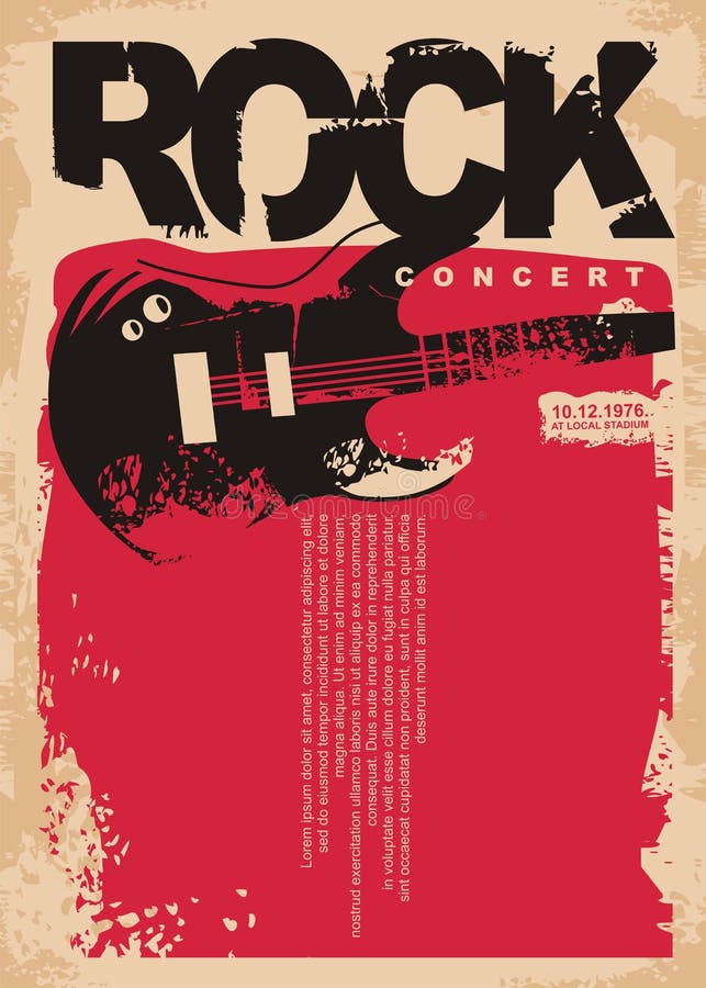 De affichemalplaatje van het rotsoverleg met elektrische gitaar op grungy rode achtergrond