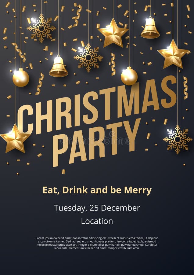 De affichemalplaatje van de Kerstmispartij met glanzende gouden ornamenten stock illustratie De affichemalplaatje van de Kerstmispartij met glanzende gouden ornamenten stock illustratie