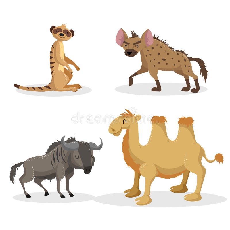 Cartoon trendy style african animals set. Hyena, wildebeest, meerkat and bactrian camel . Closed eyes and cheerful mascots. Vector wildlife illustrations. Cartoon trendy style african animals set. Hyena, wildebeest, meerkat and bactrian camel . Closed eyes and cheerful mascots. Vector wildlife illustrations.