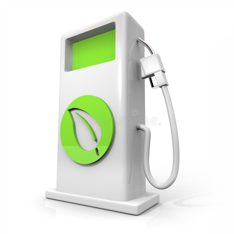 A white pump of alternative fuel with a green leaf symbol on it symbolizing earth friendliness. A white pump of alternative fuel with a green leaf symbol on it symbolizing earth friendliness