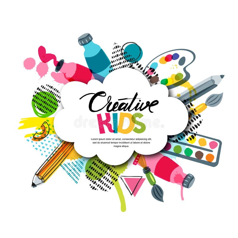 De ambacht van de jonge geitjeskunst, onderwijs, creativiteitklasse Vectorbanner, affiche met witte het document van de wolkenvor De ambacht van de jonge geitjeskunst, onderwijs, creativiteitklasse Vectorbanner, affiche met witte het document van de wolkenvor