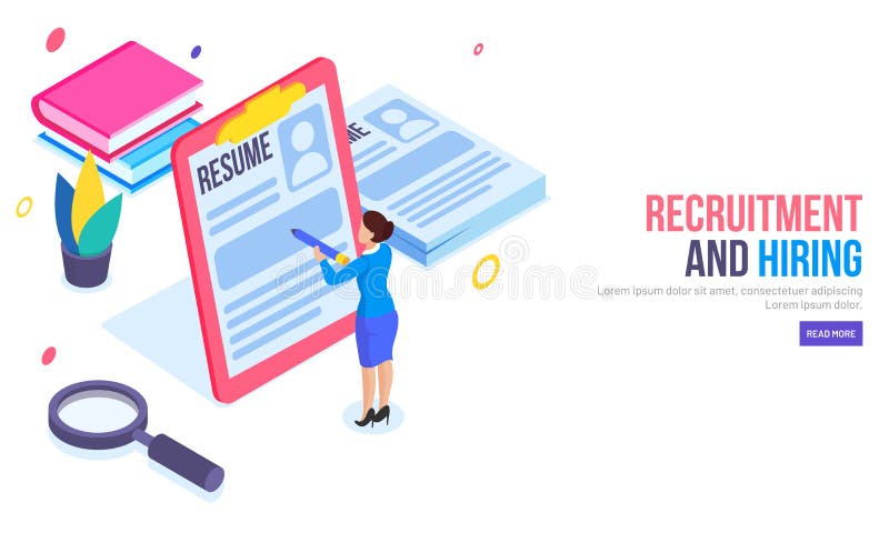 De analyse van de damewerkgever hervat gegevens, isometrisch ontwerp voor respons stock illustratie De analyse van de damewerkgever hervat gegevens, isometrisch ontwerp voor respons stock illustratie