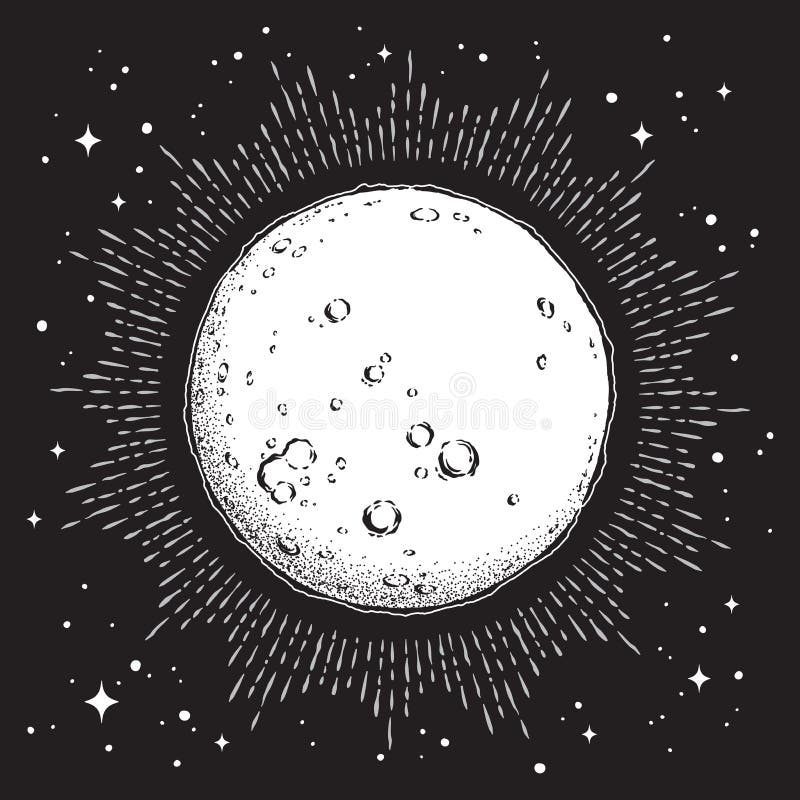 De antieke kunst en de punt van de stijlhand getrokken lijn werken volle maan met stralen van licht Boho elegante tatoegering of vector illustratie De antieke kunst en de punt van de stijlhand getrokken lijn werken volle maan met stralen van licht Boho elegante tatoegering of vector illustratie