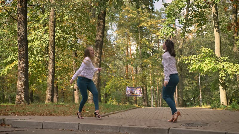 De artistieke Hartstochtelijke Latijnse Dansers lachen samen en dansen, Beste Vrienden, Vrouwen in Park, Toevallige Stijl