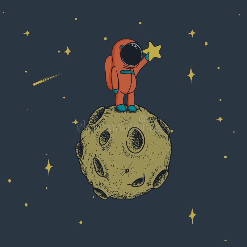 Astronaut keeps a star on the moon.Cute spaceman in outer space.Childish hand drawn vector illustration. Astronaut keeps a star on the moon.Cute spaceman in outer space.Childish hand drawn vector illustration