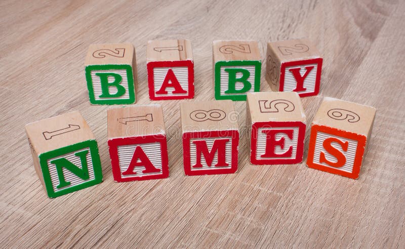 Toy blocks spelling out `BABY NAMES`. Toy blocks spelling out `BABY NAMES`