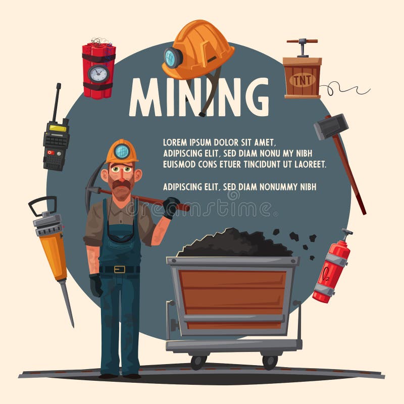 De baggermachine laadt de vrachtwagensteenkool Mijnwerkerskarakter en hulpmiddelen De vectorillustratie van het beeldverhaal stock illustratie De baggermachine laadt de vrachtwagensteenkool Mijnwerkerskarakter en hulpmiddelen De vectorillustratie van het beeldverhaal stock illustratie