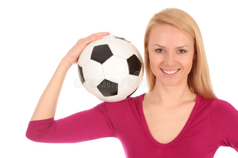De bal van het de holdingsvoetbal van de vrouw stock afbeeldingen De bal van het de holdingsvoetbal van de vrouw stock afbeeldingen
