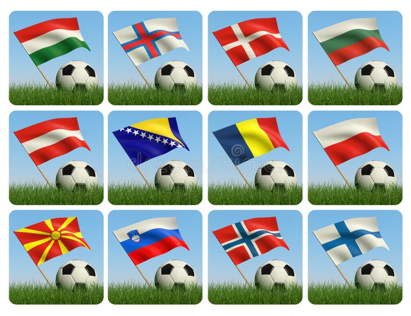 De bal van het voetbal in het gras en de vlag vector illustratie De bal van het voetbal in het gras en de vlag vector illustratie
