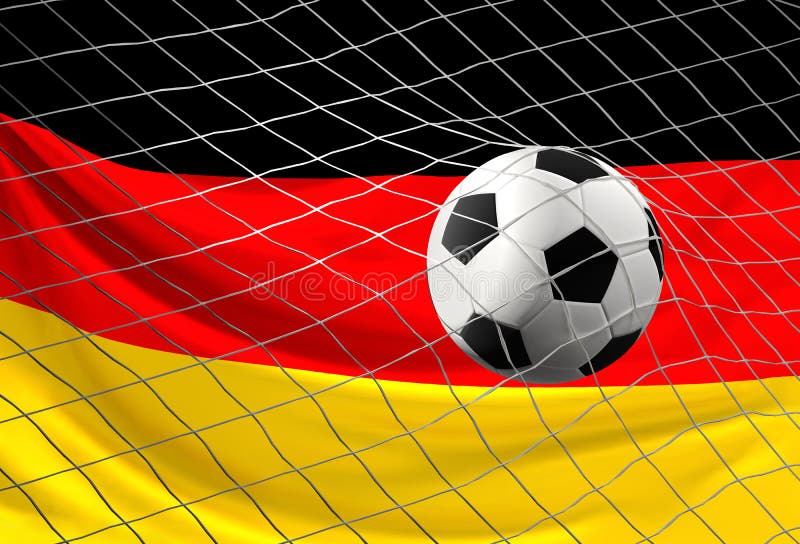 De bal van de voetbalvoetbal en vlag van Duitsland met doel bij netto voetbal vector illustratie De bal van de voetbalvoetbal en vlag van Duitsland met doel bij netto voetbal vector illustratie