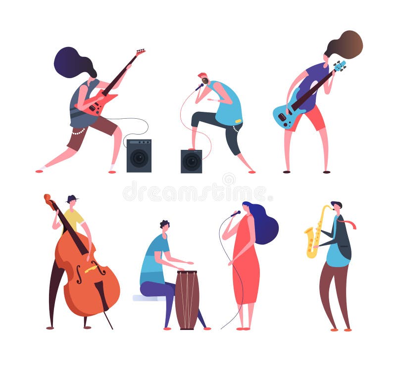 De band van de muziek Beeldverhaalmusici, punkkerels die met muzikale instrumenten rock op geïsoleerde stadium vectorreeks spelen stock illustratie De band van de muziek Beeldverhaalmusici, punkkerels die met muzikale instrumenten rock op geïsoleerde stadium vectorreeks spelen stock illustratie