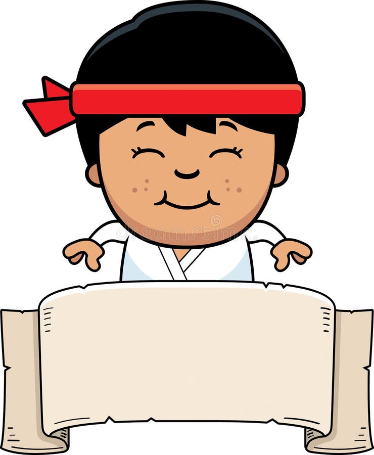 A cartoon illustration of a karate kid with a banner sign. A cartoon illustration of a karate kid with a banner sign.