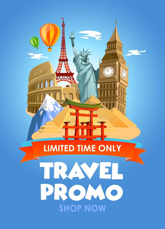 De banner van reisbureaupromo met kortingen voor reizen Vectorillu vector illustratie De banner van reisbureaupromo met kortingen voor reizen Vectorillu vector illustratie