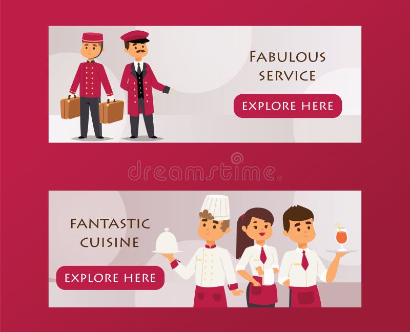 De bannerillustratie van de hoteldienst met de tekst fabelachtige dienst, fantastische keuken Portier met bagage en piccolo vector illustratie De bannerillustratie van de hoteldienst met de tekst fabelachtige dienst, fantastische keuken Portier met bagage en piccolo vector illustratie