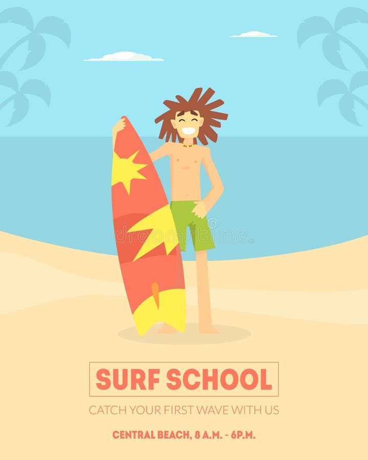De Bannermalplaatje van de brandingsschool, Glimlachende Mannelijke Surfer die zich met Surfplank op Strand Vectorillustratie bev vector illustratie De Bannermalplaatje van de brandingsschool, Glimlachende Mannelijke Surfer die zich met Surfplank op Strand Vectorillustratie bev vector illustratie