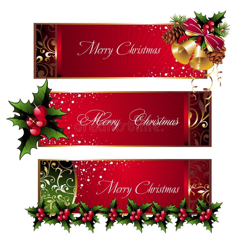 De banners van Kerstmis met pinecone, klokken en hulst vector illustratie De banners van Kerstmis met pinecone, klokken en hulst vector illustratie