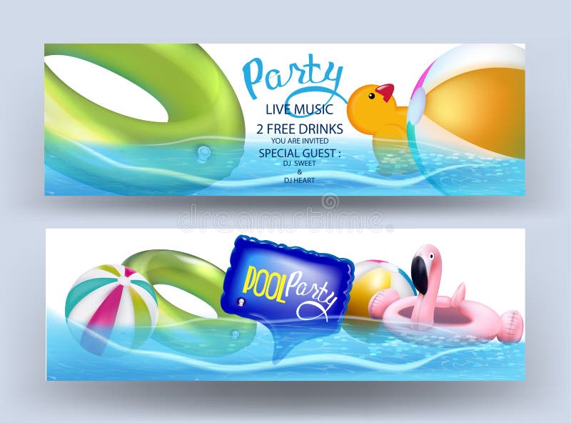 De banners van de poolpartij met opblaasbaar speelgoed in een water royalty-vrije illustratie De banners van de poolpartij met opblaasbaar speelgoed in een water royalty-vrije illustratie