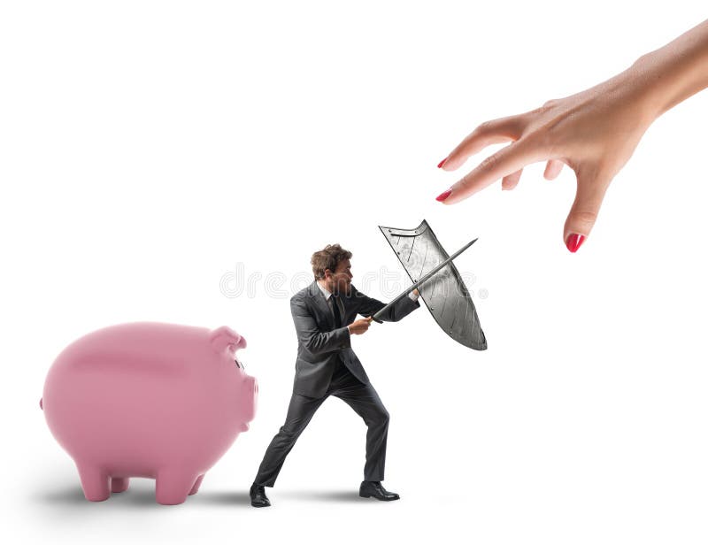 De bedrijfsmens beschermt financieel kapitaal tegen belastingdienst het vechten met zwaard en schild het 3d teruggeven stock fotografie De bedrijfsmens beschermt financieel kapitaal tegen belastingdienst het vechten met zwaard en schild het 3d teruggeven stock fotografie