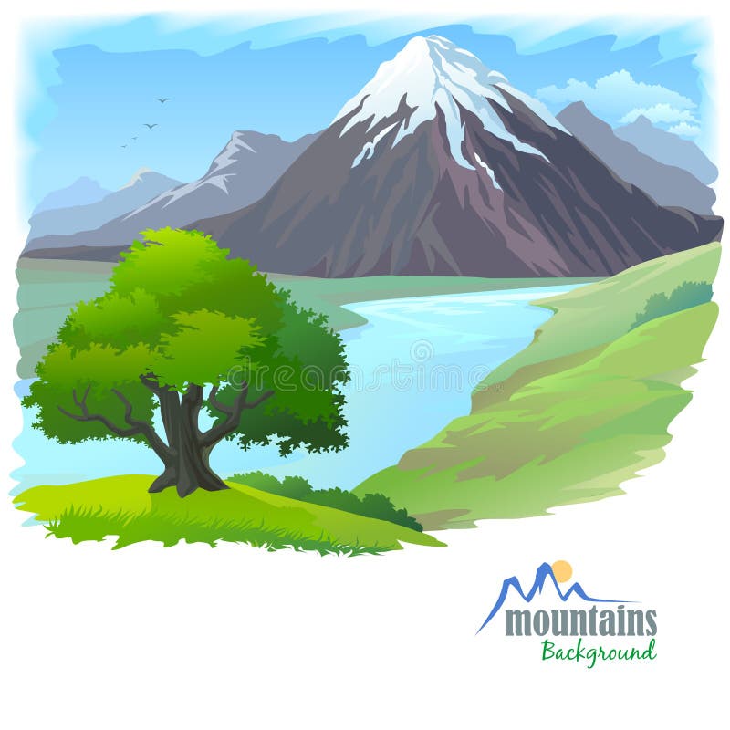 De Berg van de sneeuw, Rivier en Eenzame Boom vector illustratie De Berg van de sneeuw, Rivier en Eenzame Boom vector illustratie