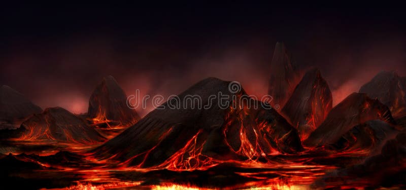 De bergen van de fantasienacht en lava donker landschap royalty-vrije illustratie De bergen van de fantasienacht en lava donker landschap royalty-vrije illustratie