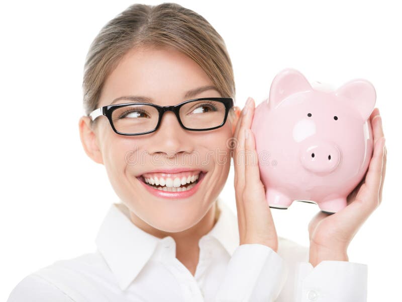 De besparing van de glazenvrouw op eyewear tonend spaarvarken stock afbeelding De besparing van de glazenvrouw op eyewear tonend spaarvarken stock afbeelding