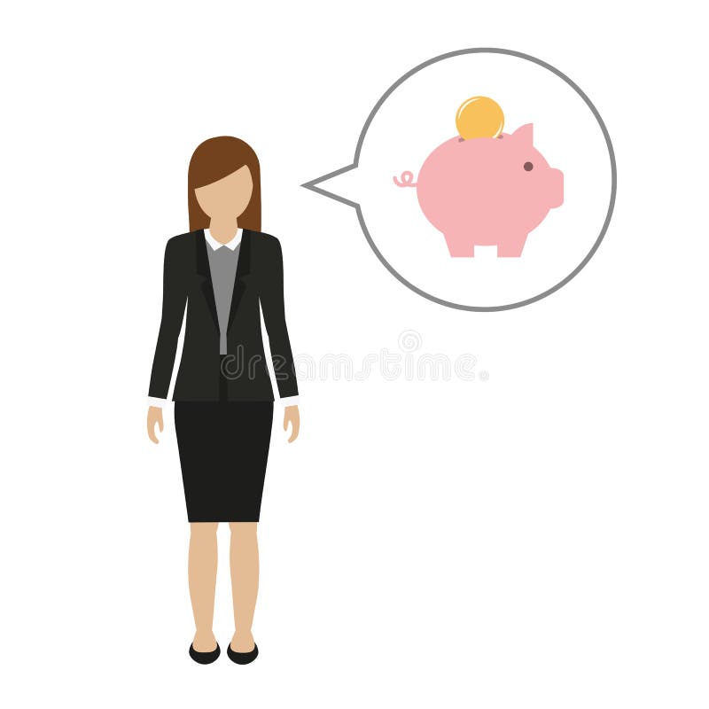 De besprekingen van het bedrijfsvrouwenkarakter over besparingsgeld in spaarvarken stock illustratie De besprekingen van het bedrijfsvrouwenkarakter over besparingsgeld in spaarvarken stock illustratie