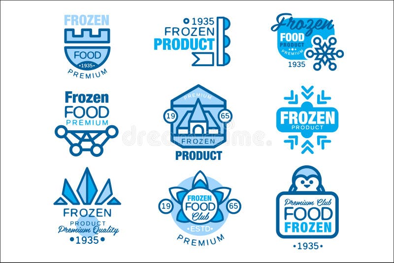 De bevroren voedingsmiddelenreeks embleemmalplaatjes overhandigt getrokken vectorillustraties in blauwe kleuren