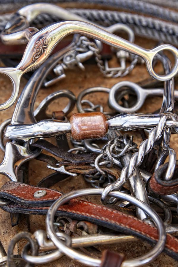 De Bits van het paard, het Leer van de Kopspijker & Kabel royalty-vrije stock foto De Bits van het paard, het Leer van de Kopspijker & Kabel royalty-vrije stock foto