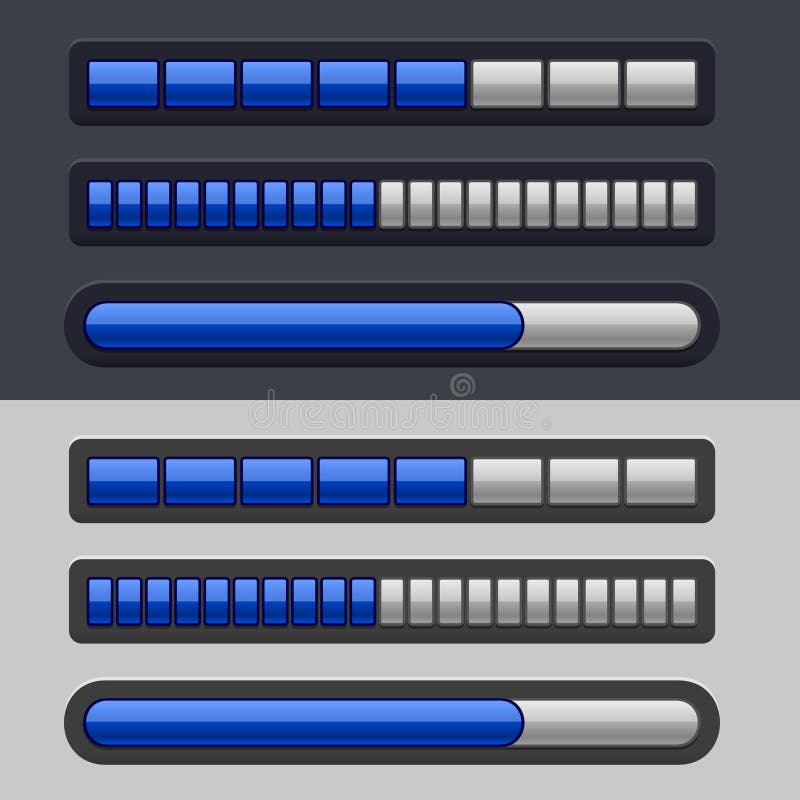 Blue Striped Progress Bar Set on light and dark background. Vector. Blue Striped Progress Bar Set on light and dark background. Vector