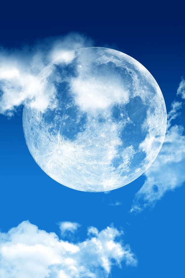 Cloudy Blue Sky and Large Moon Vertical Illustration. Abstract Design. Bright Night Sky Vertical Background. Cloudy Blue Sky and Large Moon Vertical Illustration. Abstract Design. Bright Night Sky Vertical Background.