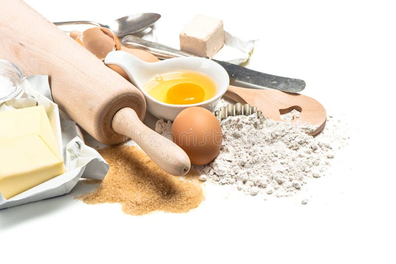 De bloem van bakselingrediënten, eieren Houten keukengerei Voedselbedelaars stock fotografie De bloem van bakselingrediënten, eieren Houten keukengerei Voedselbedelaars stock fotografie