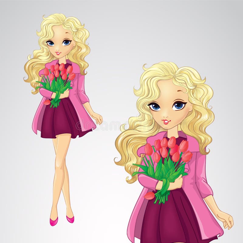 Blond meisje houdt lentebloemen vast royalty-vrije illustratie