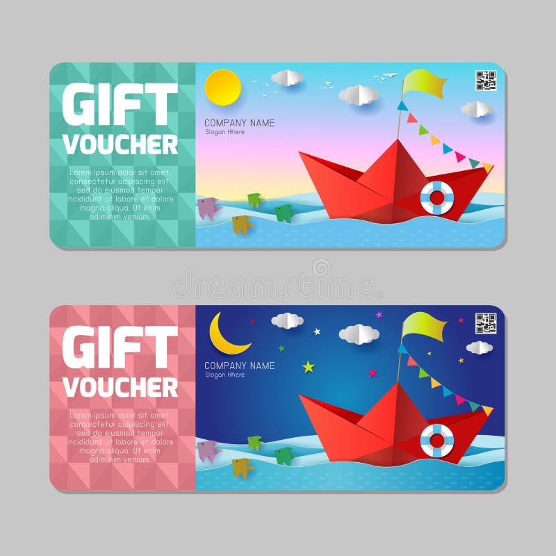 De bon van de giftreis, reizende promokaart, de leuke ontwerpsjabloon van de het certificaatcoupon van de giftbon, de origamiboot vector illustratie De bon van de giftreis, reizende promokaart, de leuke ontwerpsjabloon van de het certificaatcoupon van de giftbon, de origamiboot vector illustratie