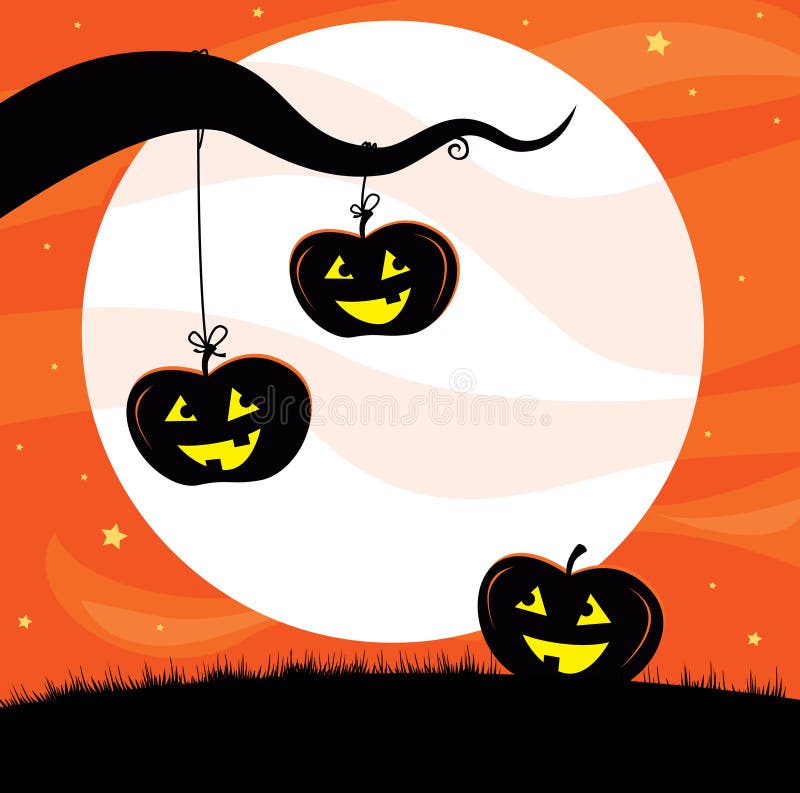 Pumpkin heads hanging from tree branch. Scary halloween background. Pumpkin heads hanging from tree branch. Scary halloween background.