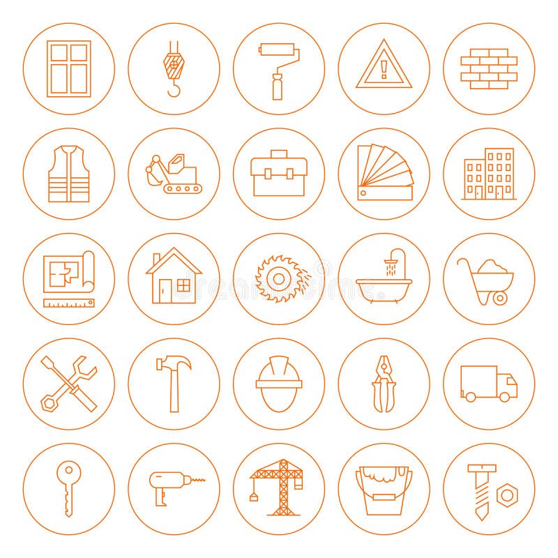 De Bouw en de Bouw Geplaatste Pictogrammen van de lijncirkel vector illustratie De Bouw en de Bouw Geplaatste Pictogrammen van de lijncirkel vector illustratie