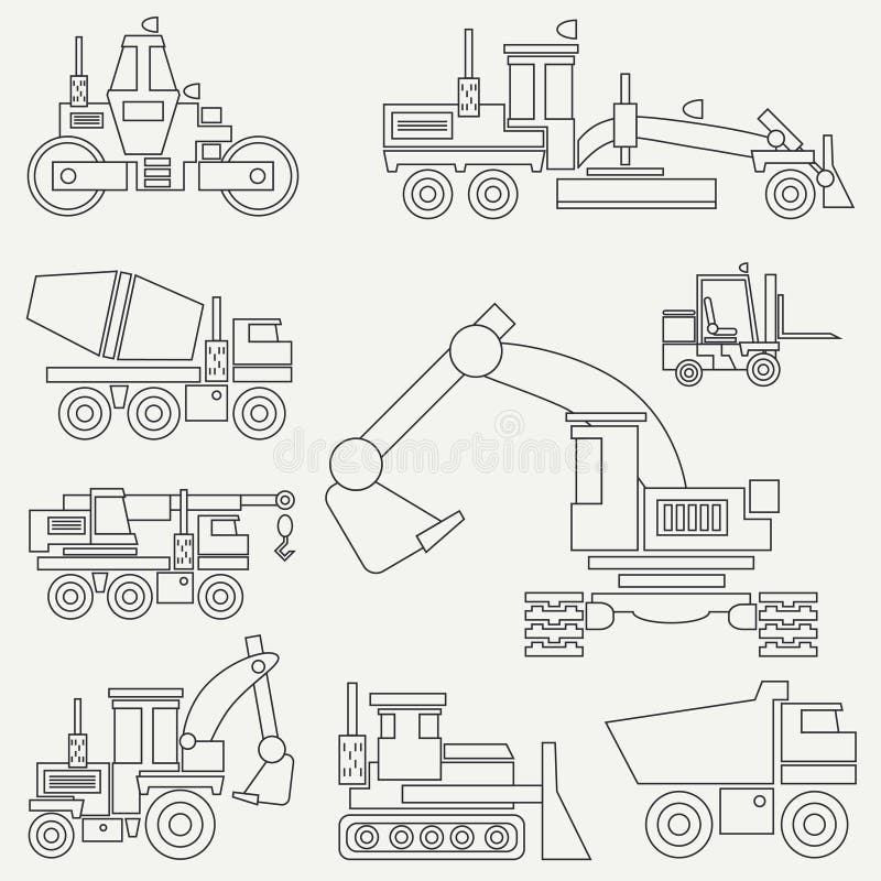 De bouwmachines van het lijn vlakke vectordiepictogram met bulldozer, kraan, vrachtwagen, graafwerktuig, vorkheftruck, cementmixe stock illustratie De bouwmachines van het lijn vlakke vectordiepictogram met bulldozer, kraan, vrachtwagen, graafwerktuig, vorkheftruck, cementmixe stock illustratie