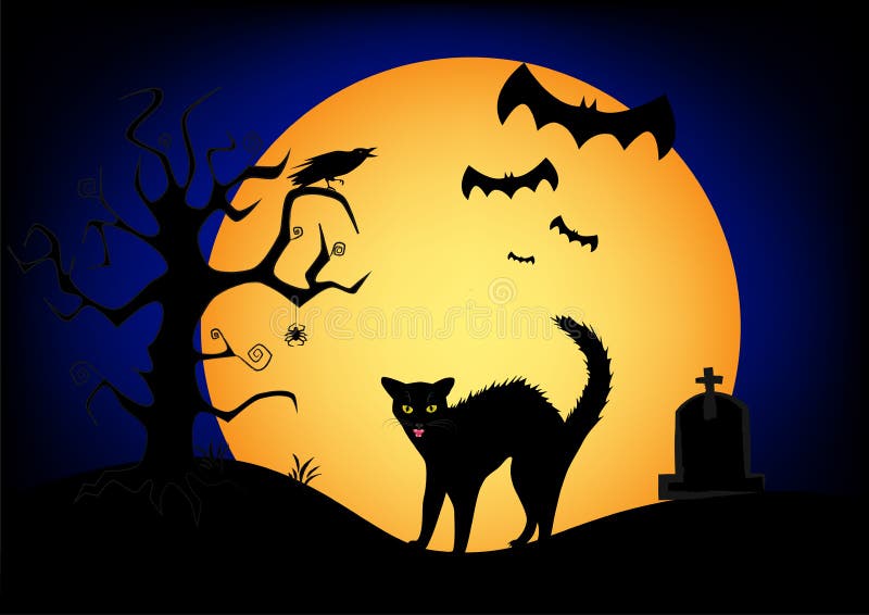 De boze zwarte kat van Halloween op de grote gele maan en de donkerblauwe hemelachtergrond vector illustratie De boze zwarte kat van Halloween op de grote gele maan en de donkerblauwe hemelachtergrond vector illustratie