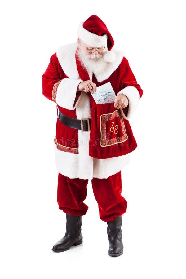 De Brief van Santa Claus Getting Child uit Postzak stock foto De Brief van Santa Claus Getting Child uit Postzak stock foto