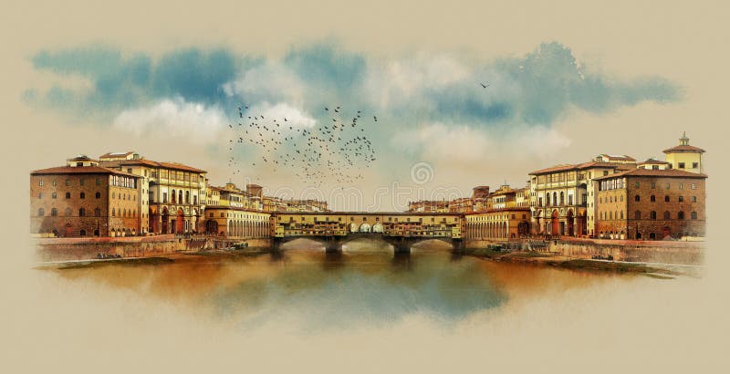 De brug van Ponte Vecchio in Florence Italië Waterverfschets stock foto De brug van Ponte Vecchio in Florence Italië Waterverfschets stock foto