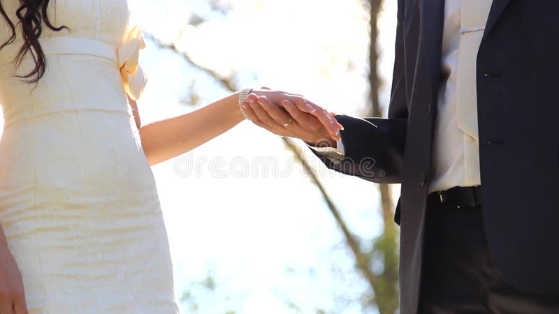 De bruidegom geeft zijn hand aan zijn mooie jonge bruid