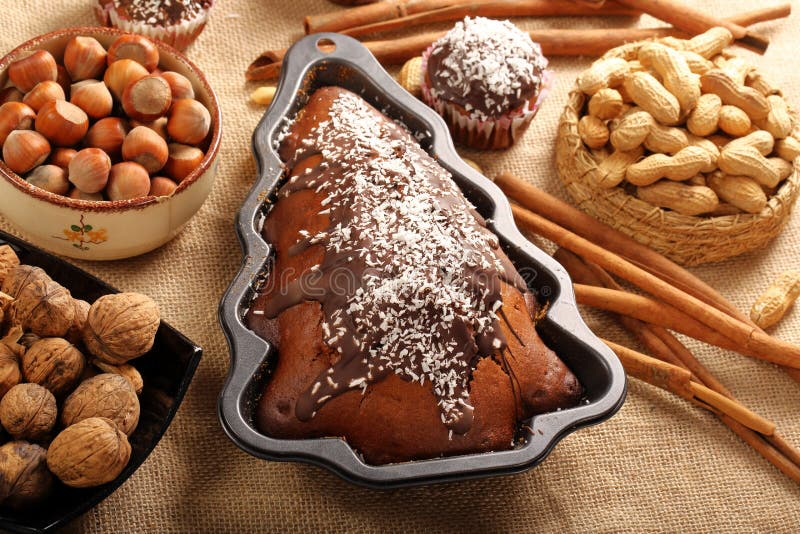 De cake van de Kerstmisokkernoot in de vorm in vorm van Kerstboom stock afbeeldingen De cake van de Kerstmisokkernoot in de vorm in vorm van Kerstboom stock afbeeldingen