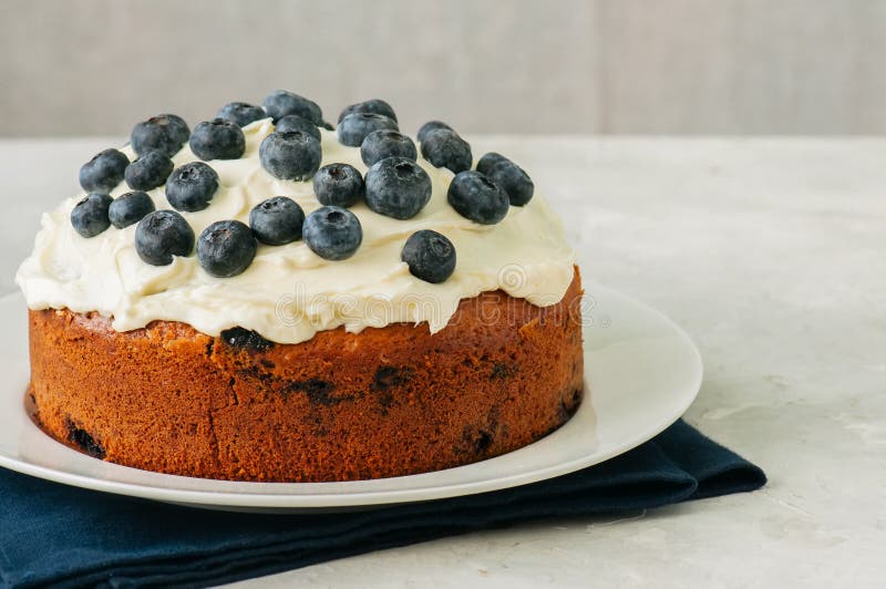 De cake van de zure roombosbes op een plaat op witte steen diebac wordt gediend stock fotografie De cake van de zure roombosbes op een plaat op witte steen diebac wordt gediend stock fotografie