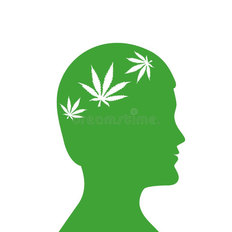 De cannabisbladeren bemant binnen groen hoofdsilhouet royalty-vrije illustratie De cannabisbladeren bemant binnen groen hoofdsilhouet royalty-vrije illustratie