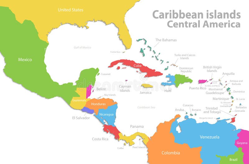 De Caraïbische kaart van eilandenmidden-amerika, nieuwe politieke gedetailleerde kaart, afzonderlijke individuele die staten, met