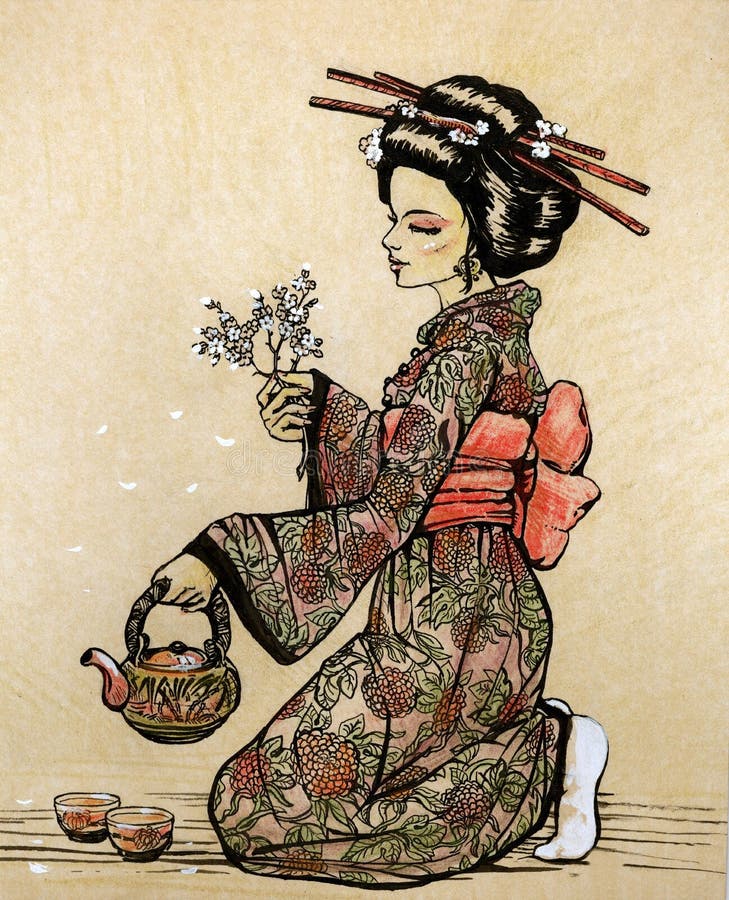 De ceremonie van de thee in Japanse stijl: geisha met theepot
