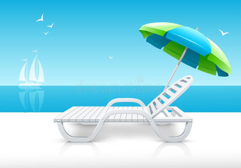 Strandstoel met parasol aan zee stock illustratie