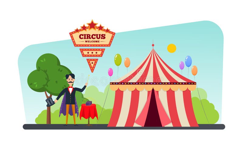 De circusbouw, tent, shapito De uitnodiging voor gebeurtenis, tovenaar toont trucs stock illustratie De circusbouw, tent, shapito De uitnodiging voor gebeurtenis, tovenaar toont trucs stock illustratie