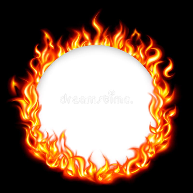 The fire flames circle frame of red-orange colors on black background and white poster. Realistic vector illustration. Candle, fireplace, fire. It is possible to use on a transparent. The fire flames circle frame of red-orange colors on black background and white poster. Realistic vector illustration. Candle, fireplace, fire. It is possible to use on a transparent