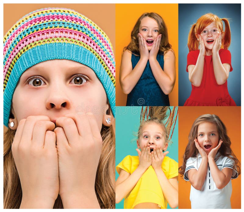 De collage met verraste tienermeisjes royalty-vrije stock foto De collage met verraste tienermeisjes royalty-vrije stock foto